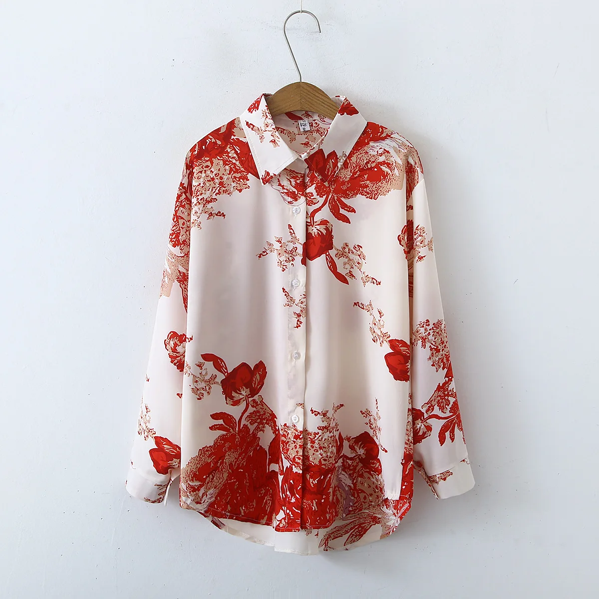 Ladies Tops Korean Retro Simple Tie Dye Printed Long Sleeve Satin Blouse Woman
