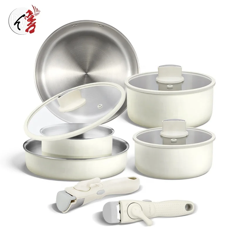 Nonstick Cookware Detachable/Removable Handle 10pcs Kitchen Induction Stainless Steel Pots and Pans Set