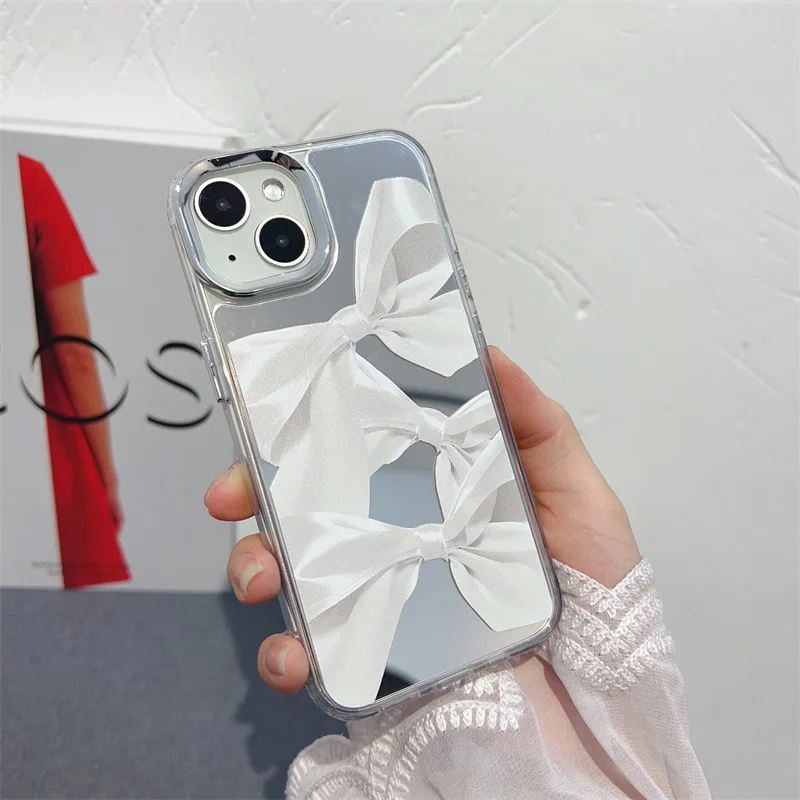 Luxury Case for iPhone 16 pro max Pearl Bow Plating Makeup Mirror Acrylic Design Fashion for Girls Women Cute details