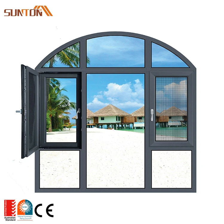 Factory Prices Custom Semi Arch Top Metal Swing windows Design Modern House Large Aluminium Frame Glass Arched Casement Window