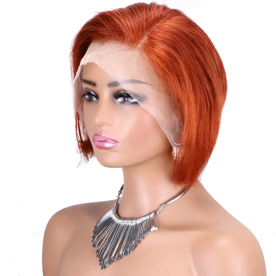 Pixie kirpimo perukas, permatomi nėriniai, žmogaus plaukai, perukai moterims, tiesūs, trumpi, Bobo formos perukai, T dalies, nėriniai, išpešioti, braziliški žmogaus plaukai_voghion.com