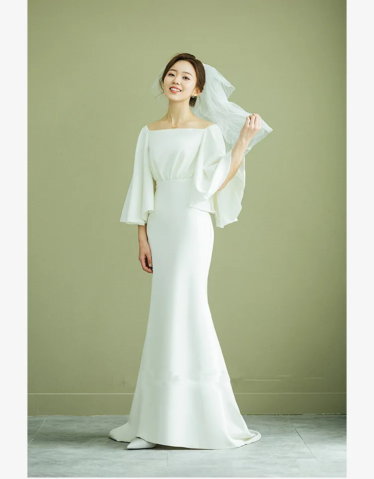 Korean Style Satin Light Simple Boat Neck Wedding Dress White Fashion  Mermaid Ruffle Sleeve Evening Gown Robe De Soiree - Wedding Dresses -  AliExpress