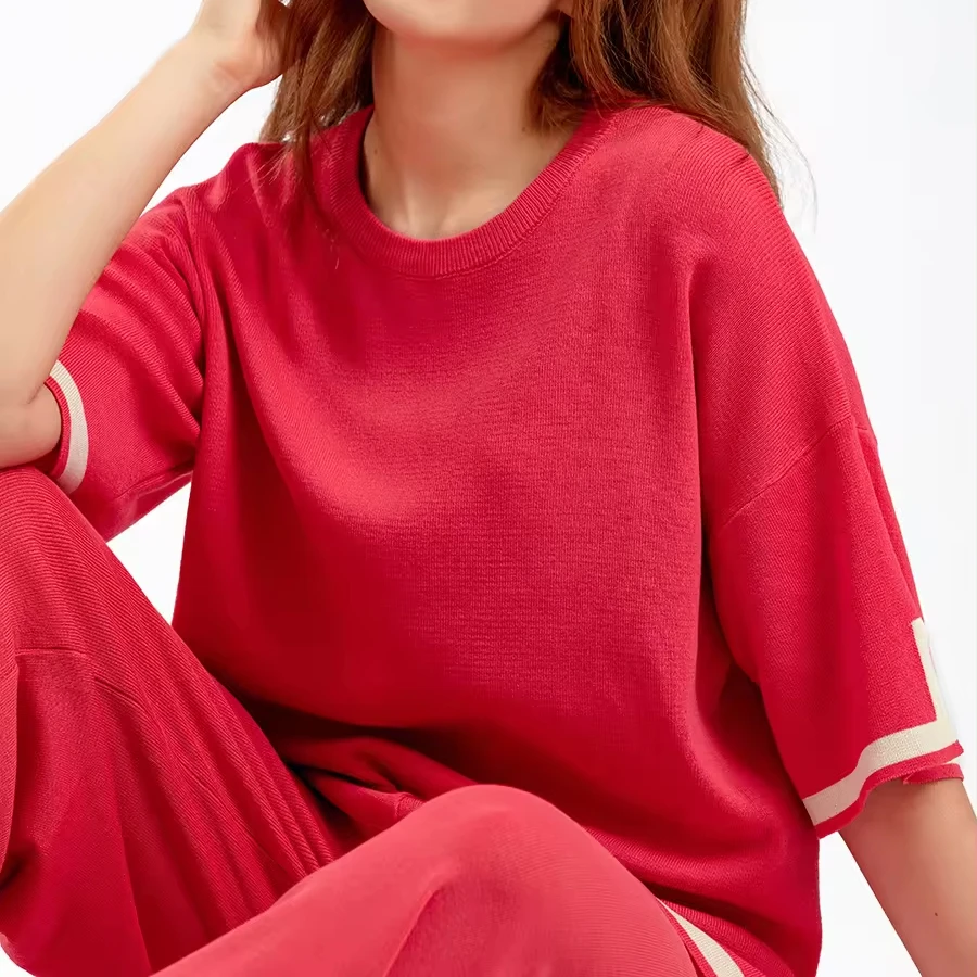 2024 Wholesale Temperament Contrast Color Split Short Sleeve Sweater High Wais Slimming Wide Leg Long Pants Two Pieces Set