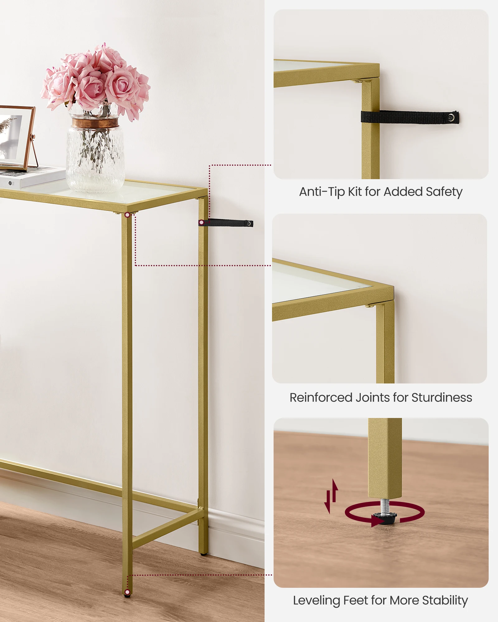 VASAGLE Easy Assembly Modern Entryway Table Gold Tempered Glass Sofa Table Slim Metal Console Table Frame