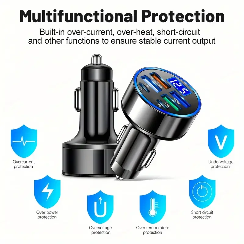 6-in-1 Car Charger with QC3.0 Fast Charge, USB Type-B, Matte Finish, Cigarette Lighter Powered