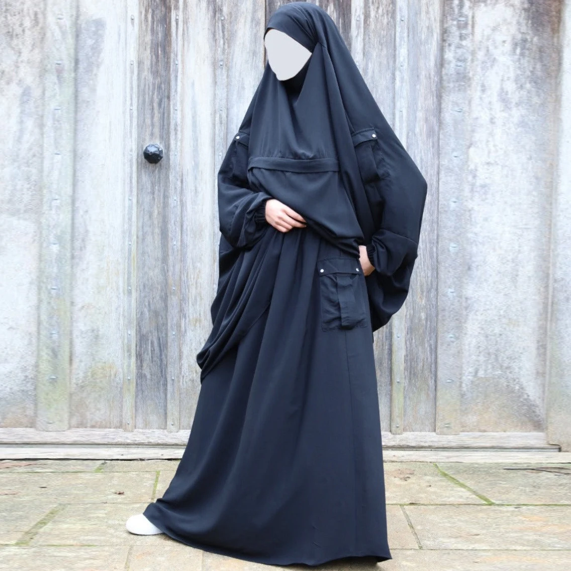 Islamic Modest Maternity 2-Piece for Jilbab Dress Black Nursing Zip Made of Polyester Wear for Muslims