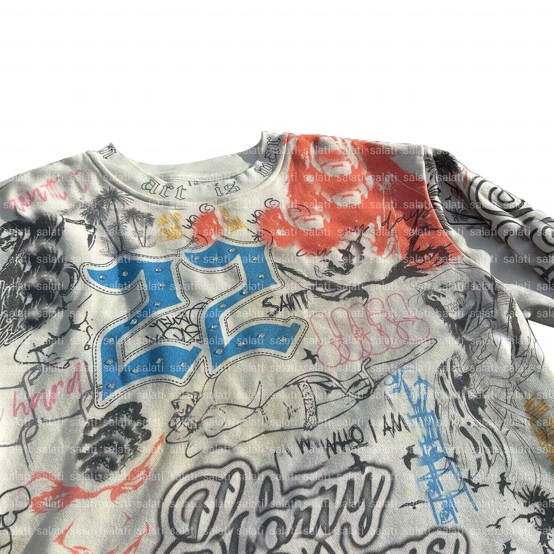 Salati Custom T-shirt Drop Shoulder White All Over Printed Rhinestone Oversized Boxy Cropped Thermal Long Sleeve T Shirt for Men gallery 3