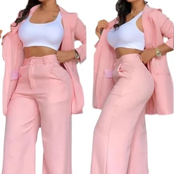 2024 European and American Women's Elegant Solid Color Split Sleeve Lapel Suit Pocket Straight Pants Suit