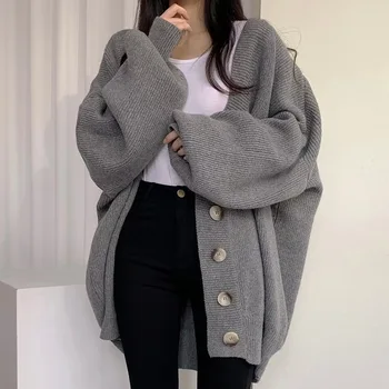 2025 Autumn Winter Women's Chic Knitted Cardigan Solid Color Loose Plus Size Sweater Coat Korean Style Casual Chic Thick Long