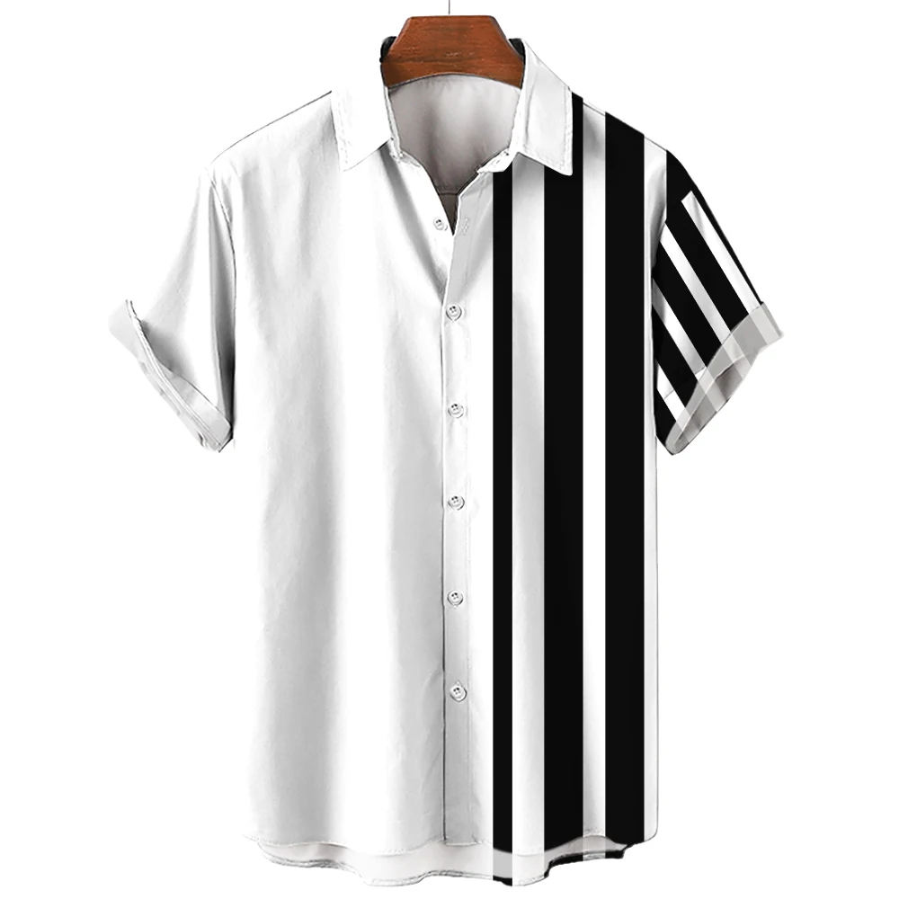 Men's Hawaiian Shirt Summer Stripes Print Short Sleeve Top Tees Fashion ...