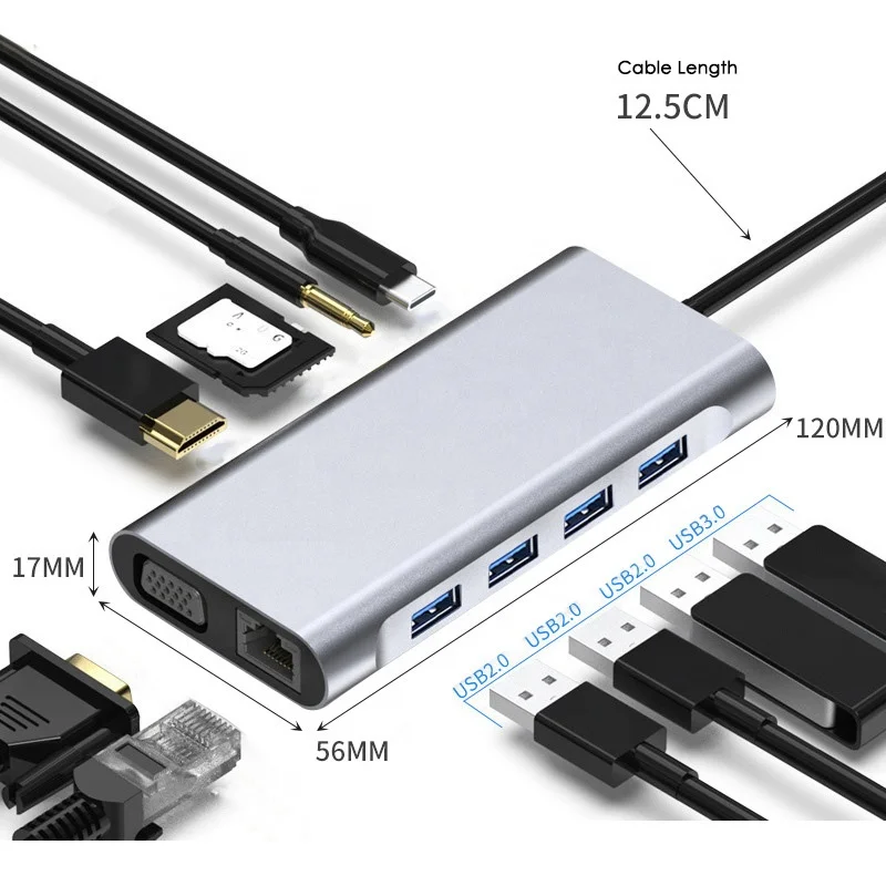11 in 1 Usb C Hub Adapter to Ethernet 4K HDTV Audio Docking Station Lightning Converter PD Charging Docking USB C