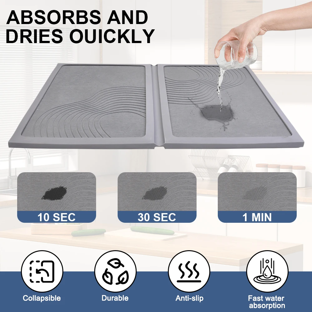 Wrapped in Silicone Cover Collapsible Kitchen Dish Drying Mat Diatomite Stone Instant Dry Sink Rack