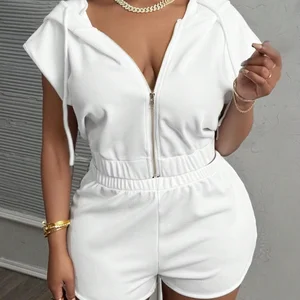 Viviblook Z623ST07 2026 Hot Selling 2 Pieces Set for Women Fashion Solid Color Short Zipper Hooded Short Sleeved Shorts Set