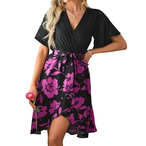 2024 Irregular Spliced Flower Brilliant Print Leisure V-neck Women's European and American Summer Dress Vintage OEM/ODM