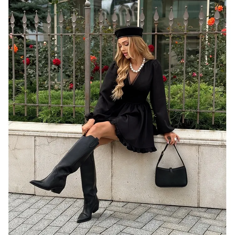 2026 Women's Elegant Black Dress Fashion Sexy Lace Patchwork V-Neck Puff  Sleeve Short Mini Dress Casual Commute Style| Alibaba.com