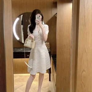 Summer New Dress Formal Style with V-Neck & Hollow Short Sleeve Slim-Fit Waist-Controlled Slimming Dress for Foreign Trade
