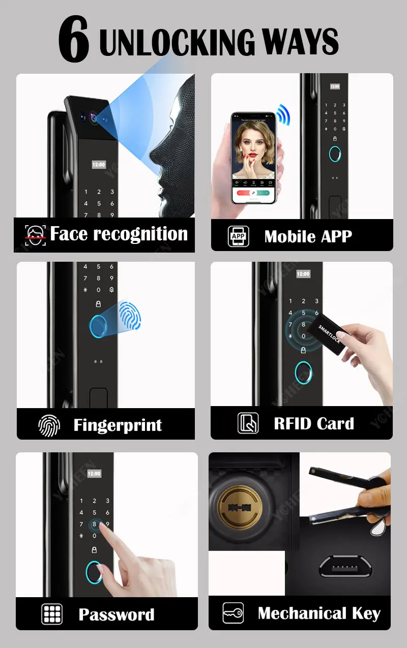 Biometric 3D Face Recognition Smart Door Lock With Camera Screen Tuya Wifi Fingerprint Combination Lock Nfc Rfid Key Card Lock