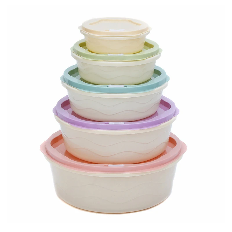 Set of 5  Macaron Color Microwavable Plastic Food Containers Bowls Storage Lunch Boxes Multi Size Round Containers with  Lids