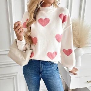 2026 Women's Winter Sweater Long Sleeve Pullover with Stand Collar Jacquard Knitted Xmas Christmas Sweater
