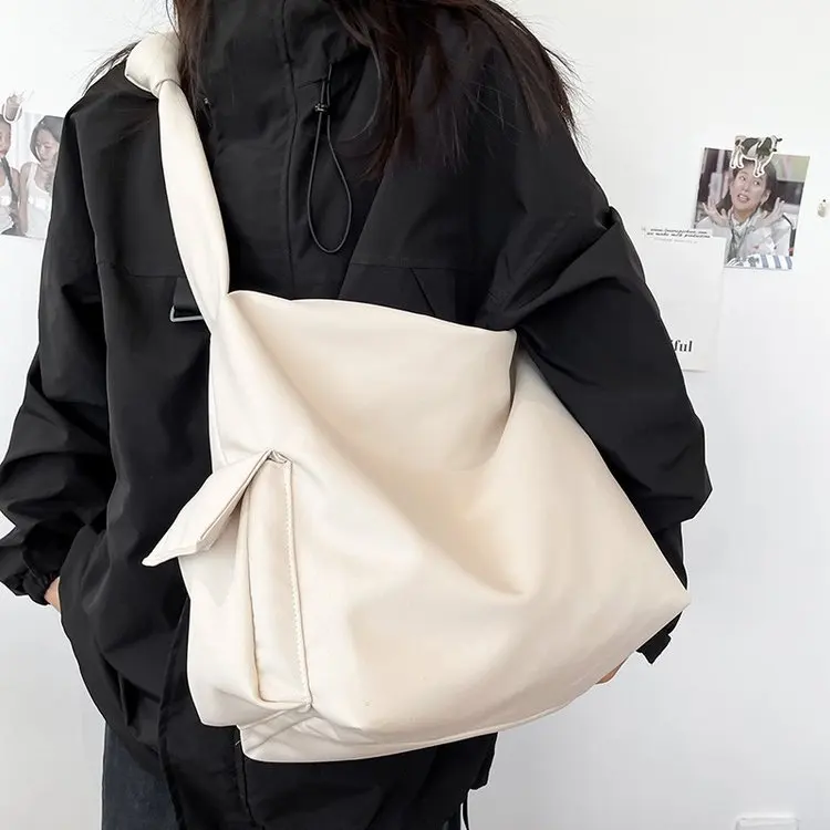 Solid Color Large Capacity Minimalist Practical Leisure Travel Campus Sports Yoga Square Nylon Tote Bag Side With Two Pockets