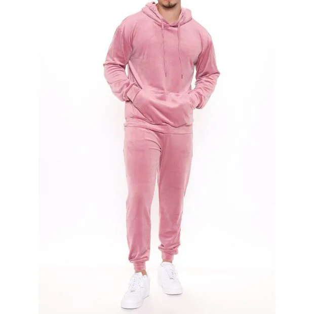 hot sale mens pink sweatshirt hoody polyester velour jogger suit