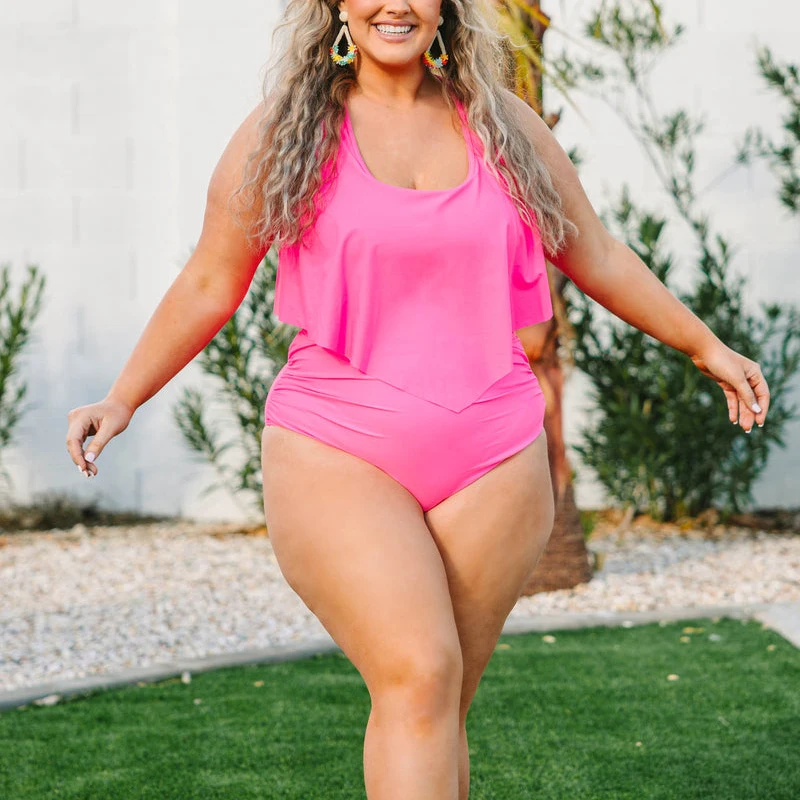Нова тенденция Летни плажни комплект бикини с висока талия 2023 Плюс размер Ярко розови бански костюми от 2 части за жени
