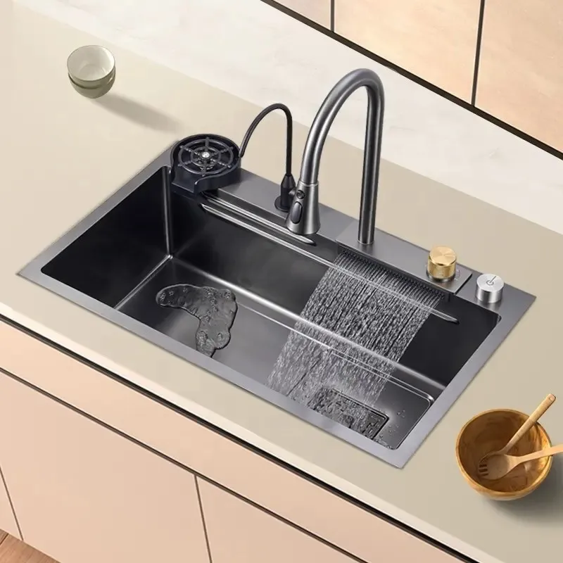 Modern Black 304 Stainless Steel Square Brushed Kitchen Sink Faucet Multifunction Waterfall Rainfall Single Bowl Set