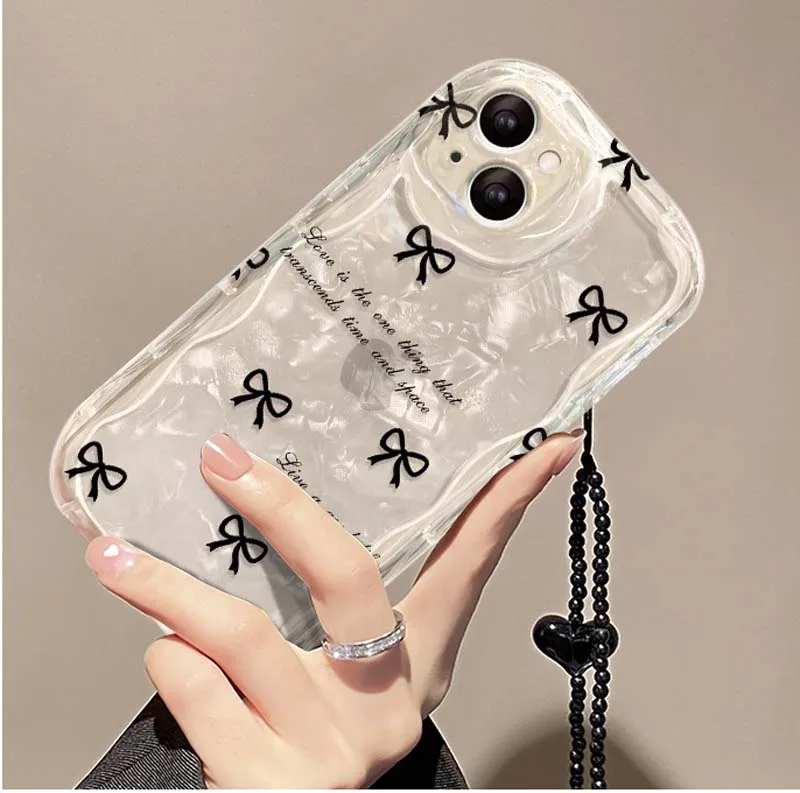 Black Bowknot Shell Pattern Paper With Bead Bracelet TPU Mobile Phone Cover Case for Iphone 7 8 Xr XS 11 12 13 14 15 16 Pro Max