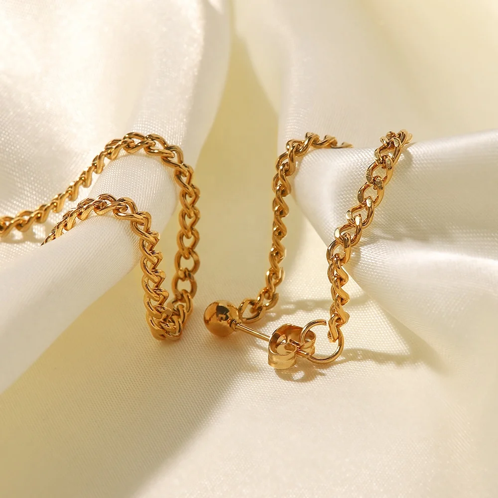 Ins Popular Dainty Chain Statement 18k Gold Plated Stainless Steel Hoop Earrings Fashion Women