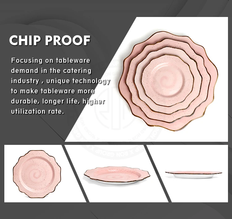 New design flower Irregularly shaped pink gold edge porcelain dinnerware set ceramic dinner plate set for wedding