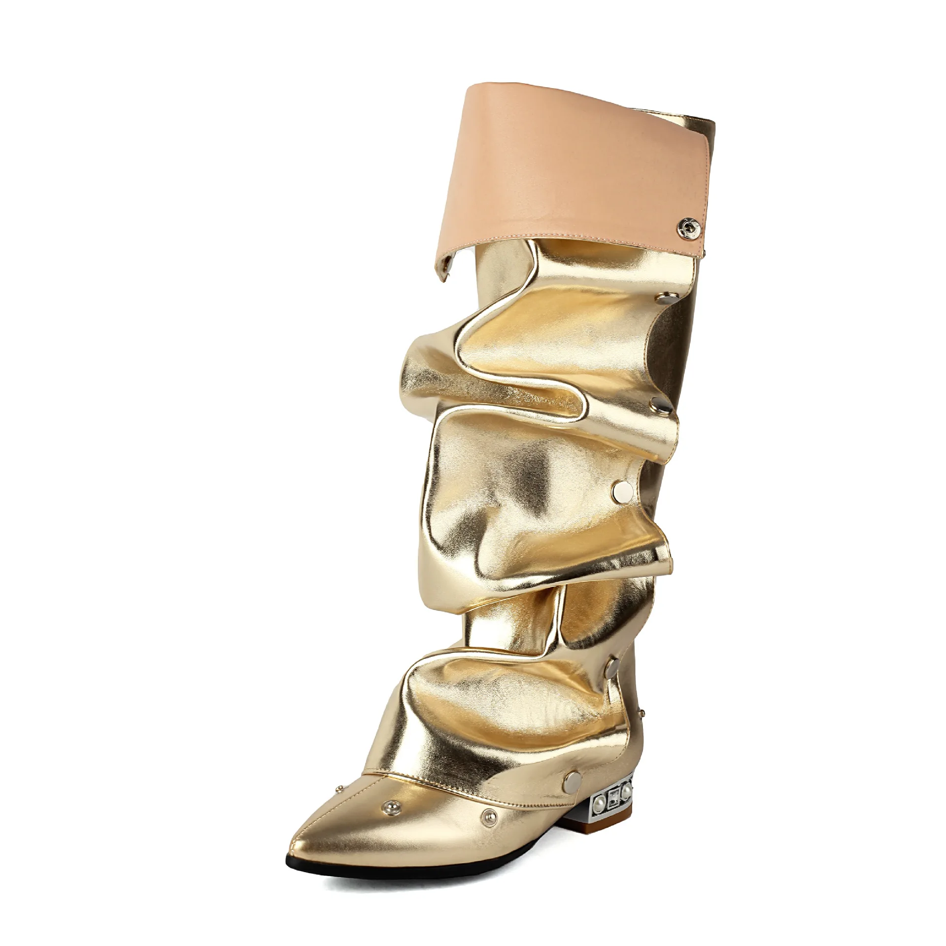 Winter Shoes Plus Size 48 Metal Rivets Black Pleated Upper Flats Square Heels Wide Fit Women Knee High Long Boots - Image 4