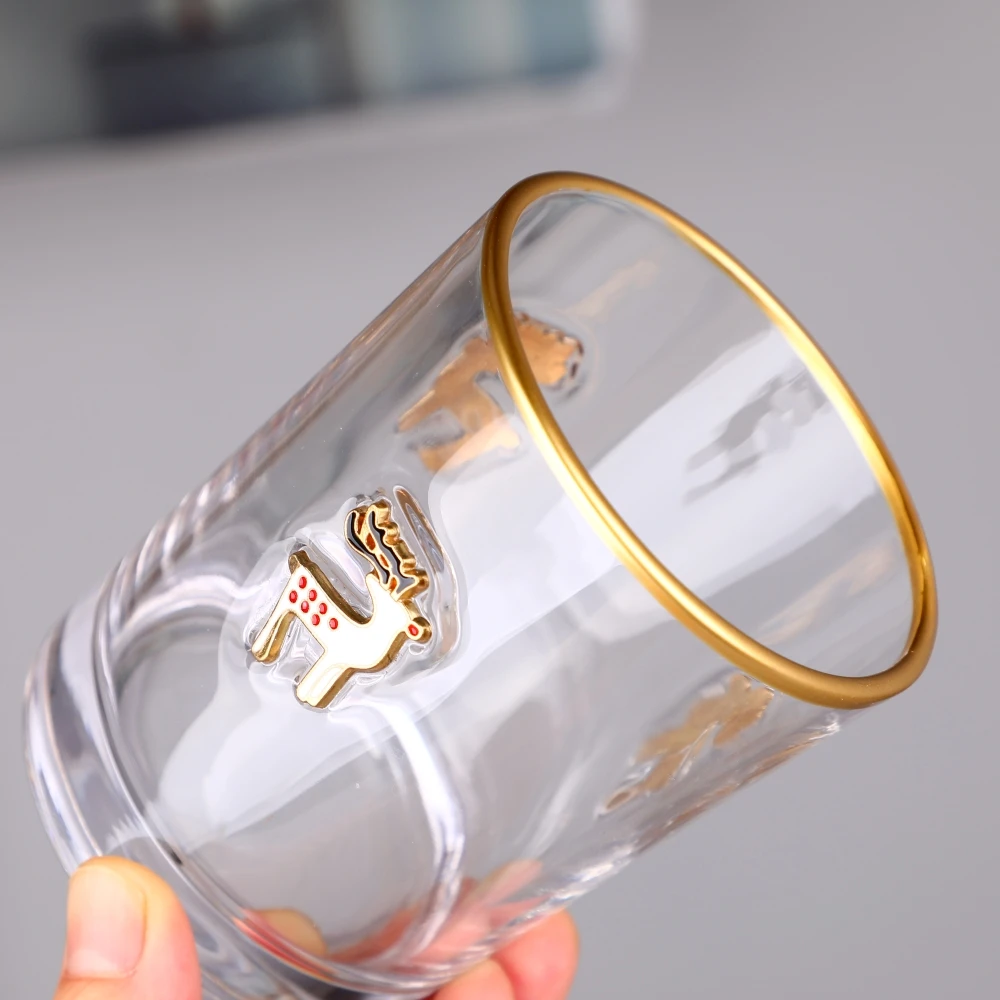 Ready to Ship Christmas Fruit Raised 3D Enamel Applique Motif Gold Rim Highball Cooler Double Old Fashioned Rocks Tumbler Glass