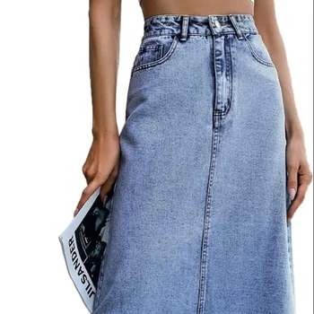 Women Midi Denim Skirt High Waist Frayed Hem Flare Long Jean Skirt with Pockets