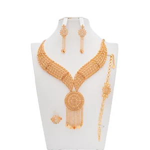 Fine Women's Wedding Engagement Party 14K Gold Plated Jewelry Set with Necklace and Bangles