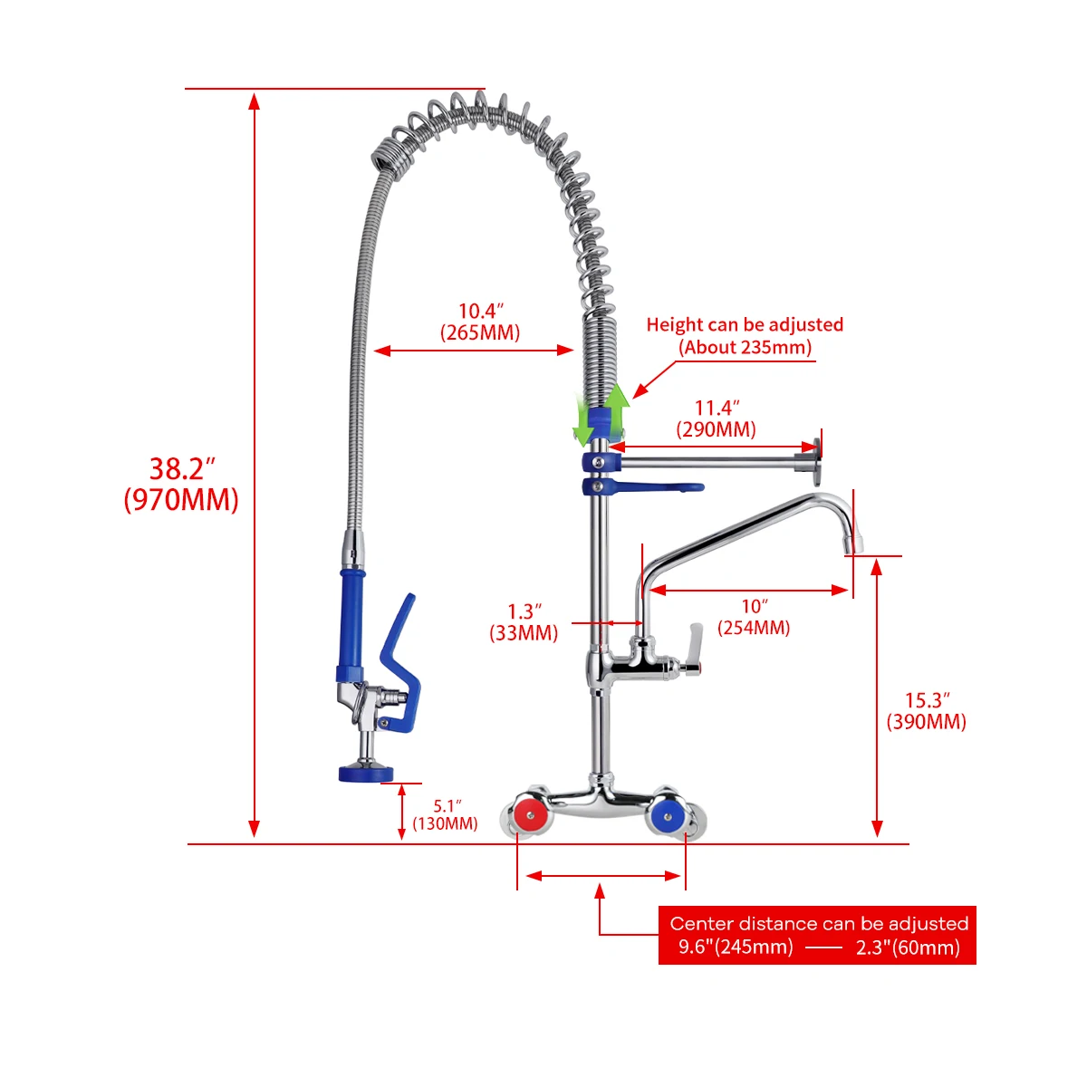 Dual-Handle Spring Action Brass Valve Core Easy Install Wall Mounted Commercial Kitchen Faucet Adjustable Pre-Rinse Sink Unit details