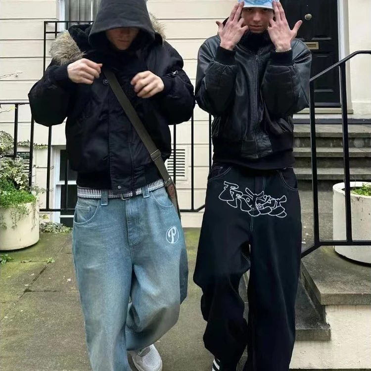 Custom Y2k Men's Straight Jean Loose Baggy Street Retro Pants Printed Denim Jeans