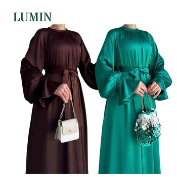 2025 Latest Elegant Polyester Abaya Dress  Women Solid Color Modest Muslim Long Dress Breathable for Autumn Spring Inspired Arab