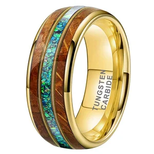 Coolstyle Jewelry 8mm Whisky Wood Guitar String Green Opal Inlay Gold Tungsten Ring Men Women Fashion Engagement Wedding Band