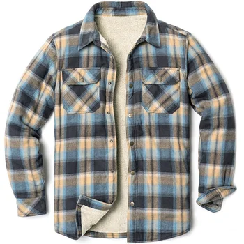 Custom Logo Men's Sherpa Fleece Lined Flannel Shirt Jacket for Men Warm Brushed Plaid Shirt jackets