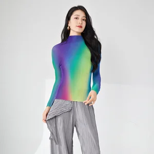 High Quality Women's Elegant Gradient Candy Color Long Sleeve Pleated Fashion Top Vintage Style Blouse Woven Fabric for Ladies