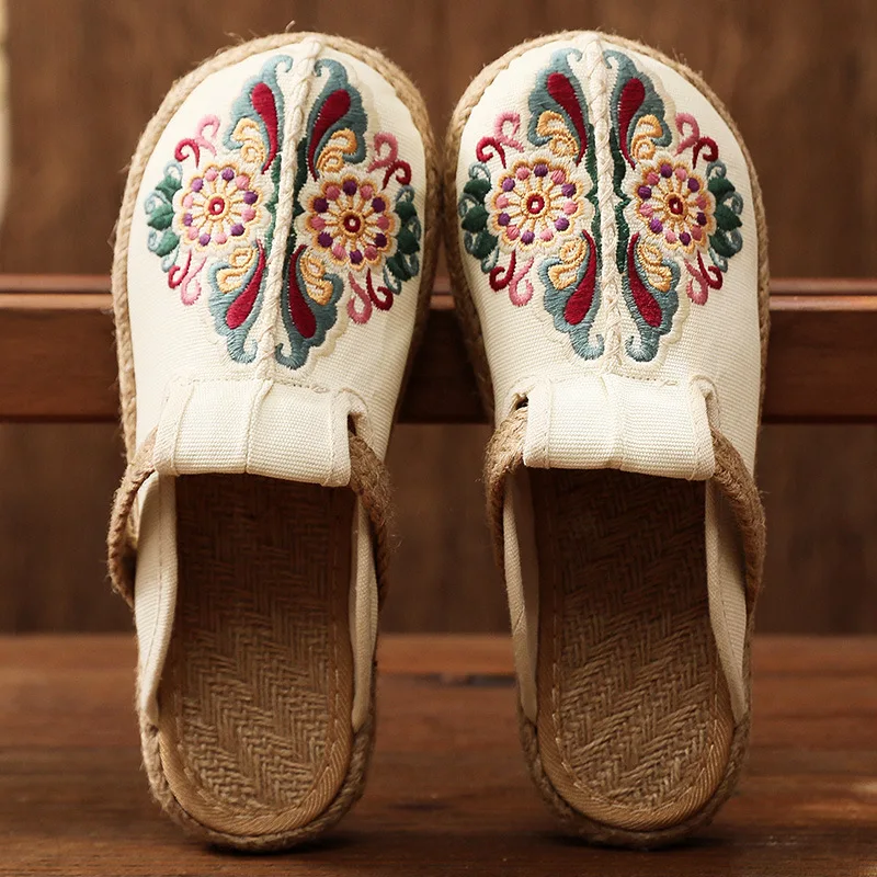 women  3 color flower embroidered breathable linen shoes ethnic flavor graceful  fisherman shoes