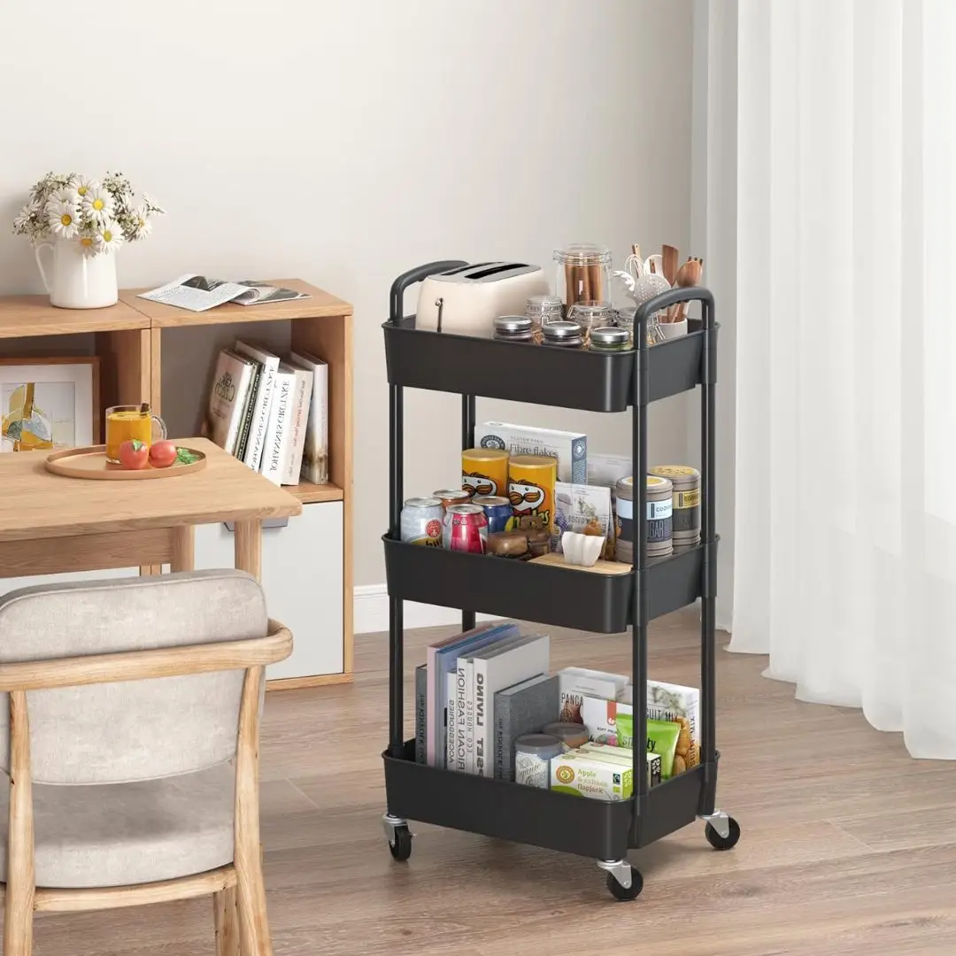 3 Tier Plastic Rolling Utility Cart with Handle Kitchen Organizer Storage Rack Kitchen 360 Rotating Fruit Basket