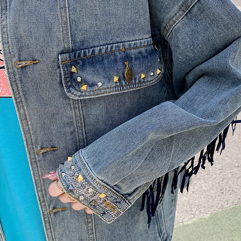 Women's Plus-Size Long-Sleeve Vintage Loose Fit Denim Jacket with Fringe Quick Dry European & American Style