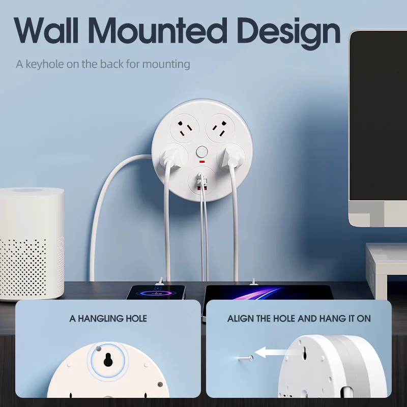 ROUND POWER SOCKET RETRACTABLE EXTENSION CORD 4AC 3USB US TYPE POWER STRIP