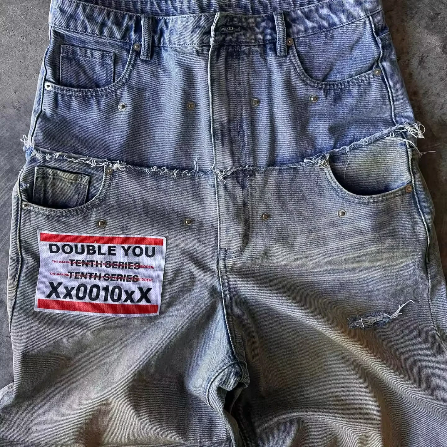 Custom Streetwear Men Denim Pants Trouser Patchwork Casual Vintage Double Waist Homme Baggy Jeans Manufacturer gallery 3