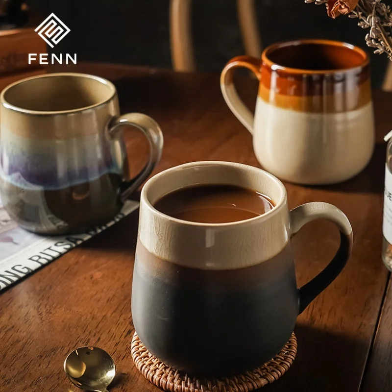 FENN Vintage Custom Ceramic Cup Coffee Mug Stoneware 450ml Retro Ice Crack Design Ceramic Coffee Tea Mug Reactive Glaze Gift Mug