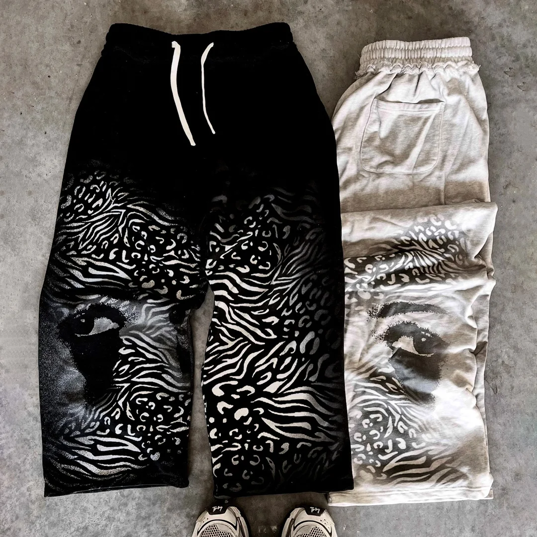Dostosowane męskie spodnie jogger typu sweatpants z 100% bawełny, nadruk sitodrukiem, szerokie nogawki, z szelką do zapięcia, styl vintage, zużyte, sportowe spodnie, ODM