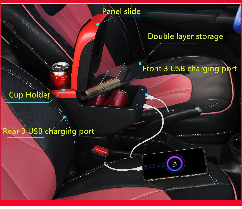 Multi Car Armrest Box - Double Layer Design with USB Chargers