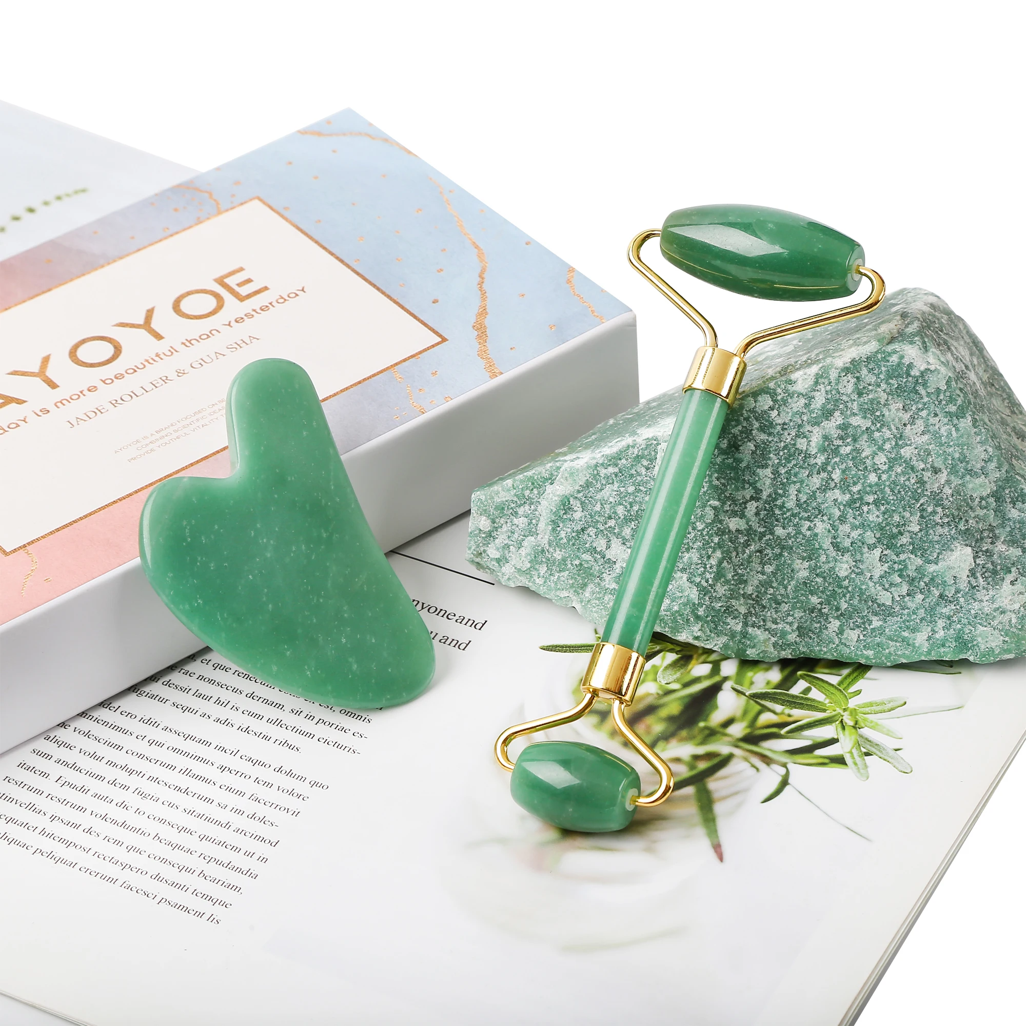 New Design 100% Natural Stone Guasha Green Massage Facial Jade Roller And Guasha Set