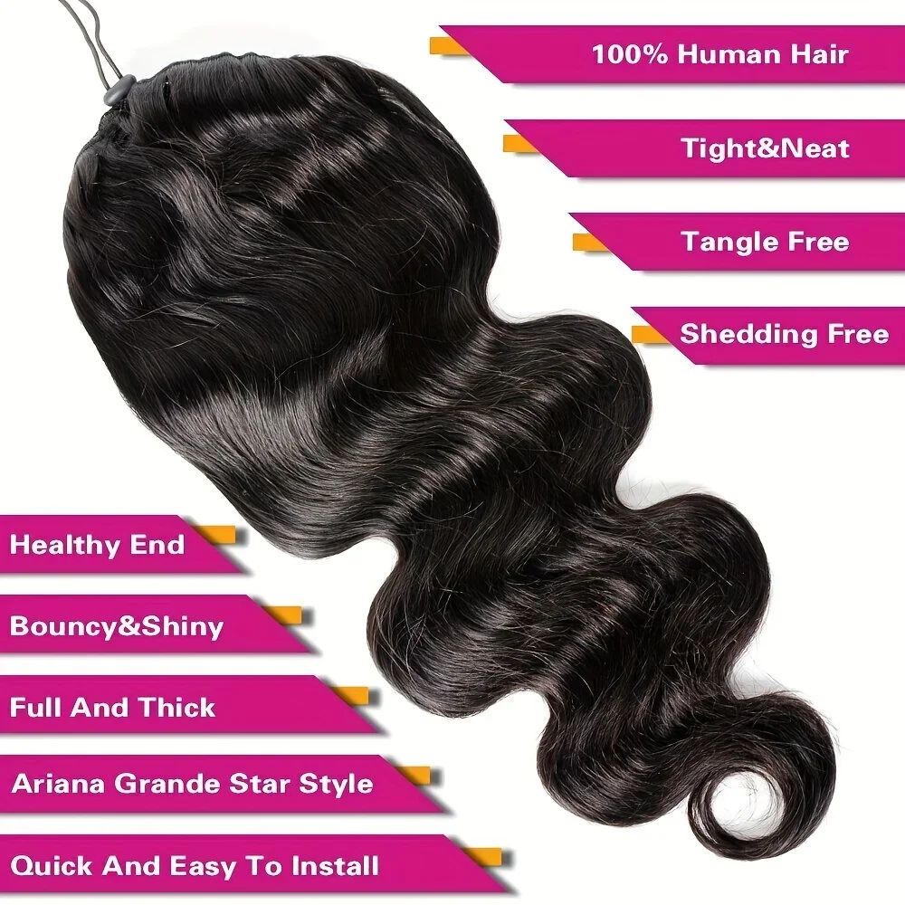 Body Wave Chip-in Hair Wrap Ponytail 100 Human Hair Extensions Natural Black Drawstring Ponytail For Woman 10-26Inch_voghion.com